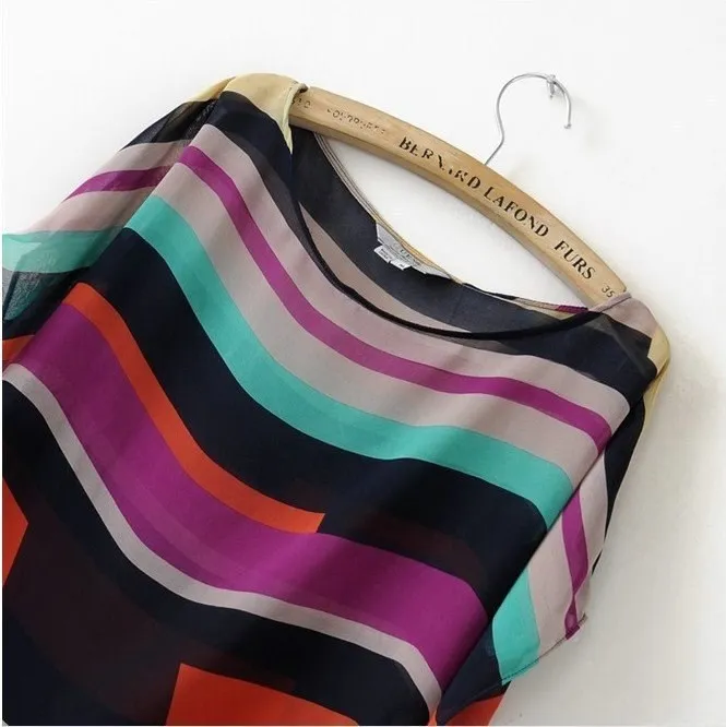 2014 summer new fashion color stripe chiffon tops women's casual loose short-sleeved O-neck shirt blouse Free shopping | Женская