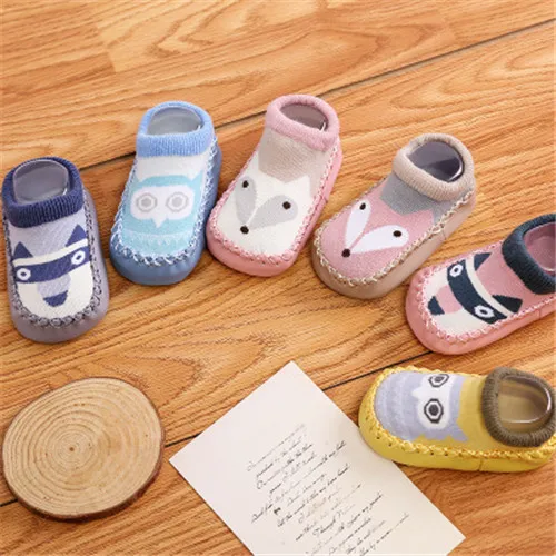6colors Fox Cartoon printing footwear Floor Socks Faux Leather walking kid infant boys girls winter warmer for children