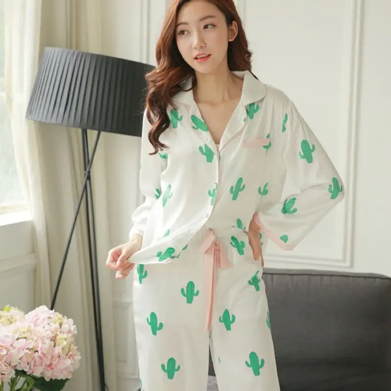 CFYH 2018 New Fashion Spring Summer cactus pattern Comfortable pajamas silk satin two piece suit | Женская одежда