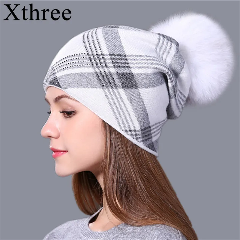 Женская вязаная шапка Xthree клетчатая теплая с помпоном из натурального меха|knitted