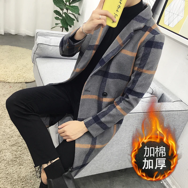 Осень-Весна Длинные Плед Плюс sizeM-5XL мужская Мода Пальто Добавить шерсть Мужской