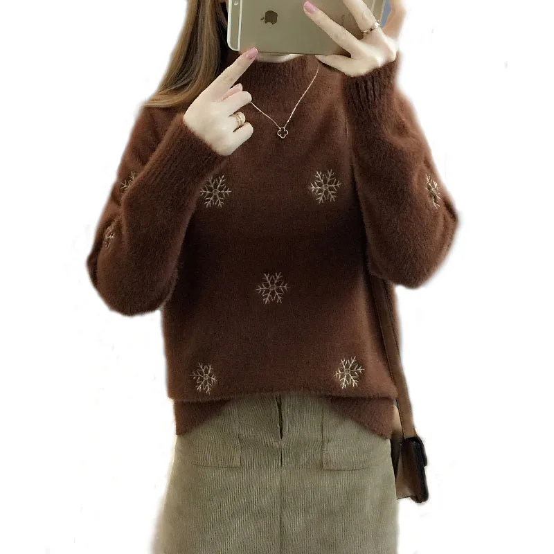 dark brown Теплый шерстяной женский свитер-пуловер зимний узор Высокое качество Повседневный мягкий мохер Снежинка осень толстый модный вязаный осень - Цвет: dark brown