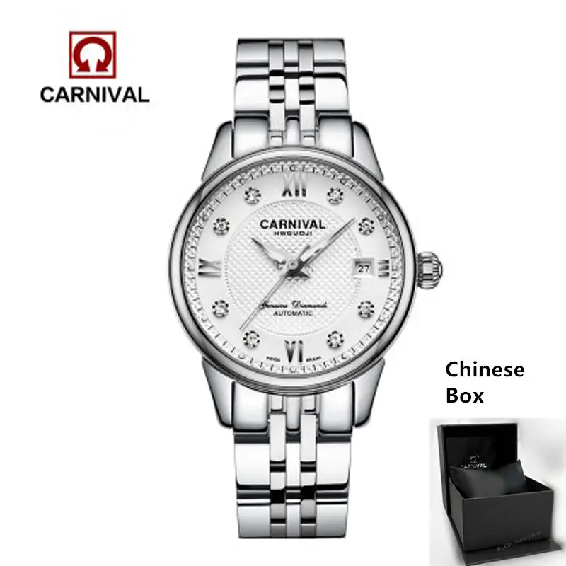 Silver white C8605 C Швейцария Carnival сапфировые автоматические механические Брендовые женские Часы повседневные Роскошные полностью стальные часы со стразами женские reloj - Цвет: Silver white C8605 C