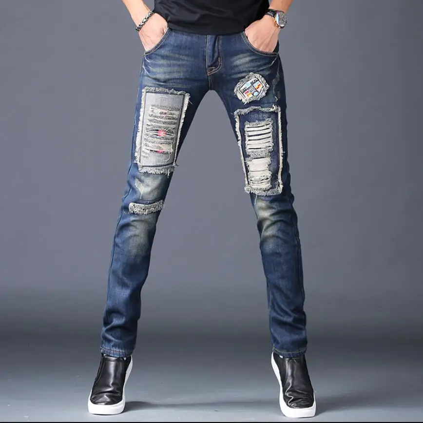 28-40 Autumn And Winter Plus Velvet Jeans Men's Korean Version Slim Feet Broken Hole Casual Pants Slim Straight Jeans Costumes