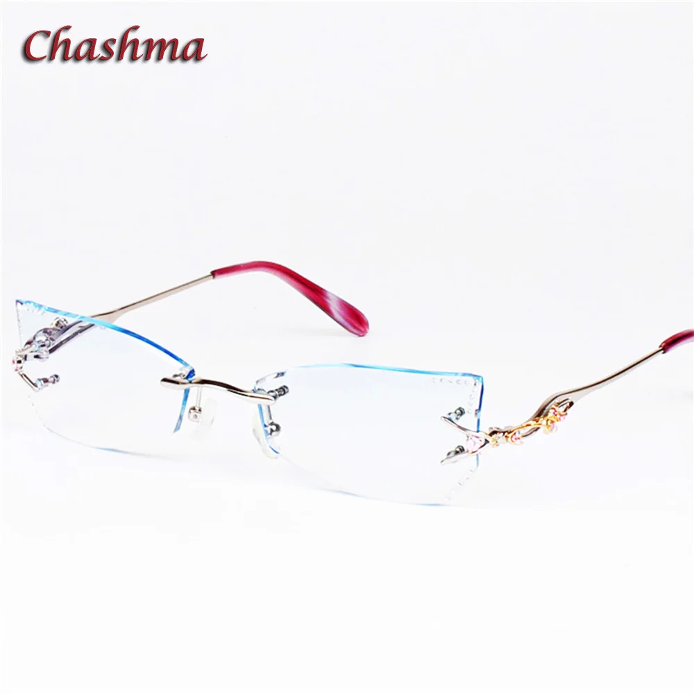 

Chashma Brand Tint Lenses Sunglasses Titanium Eyewear Female Diamond Crystal Trimmed Glasses Frame Cat Eye Rimless Glasses Woman