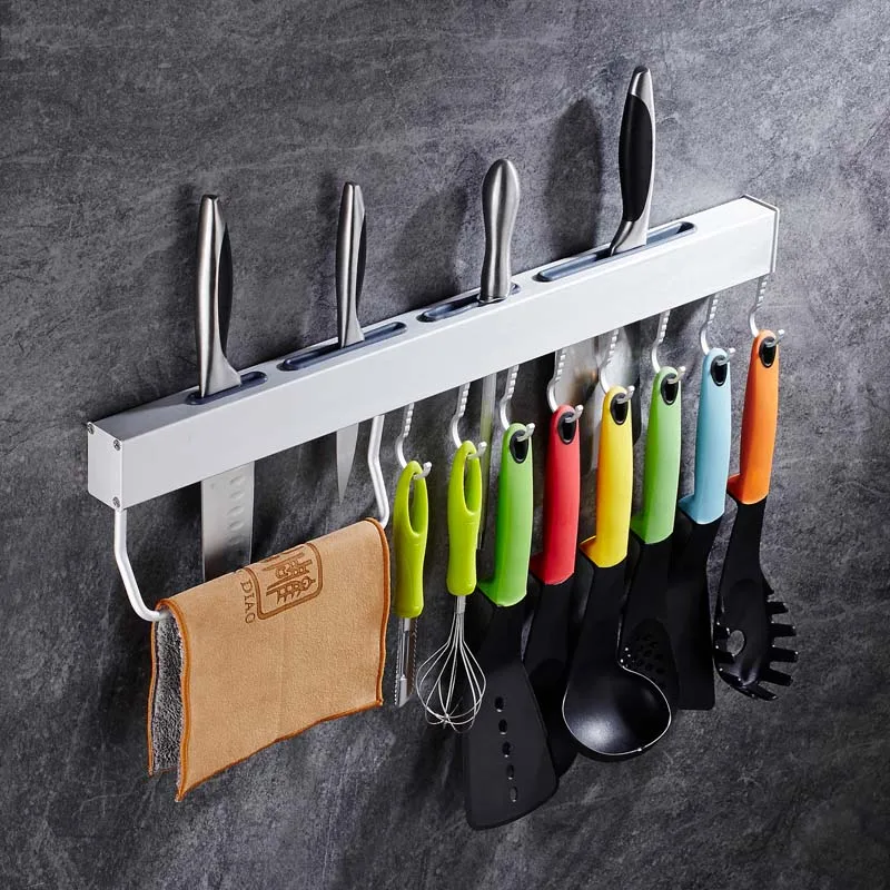 60cm with towel rack BVZ Высокое качество Многофункциональные кухонные принадлежности полка для ножей настенный держатель для инструментов держатель для кухонных ножей с крючками - Цвет: 60cm with towel rack