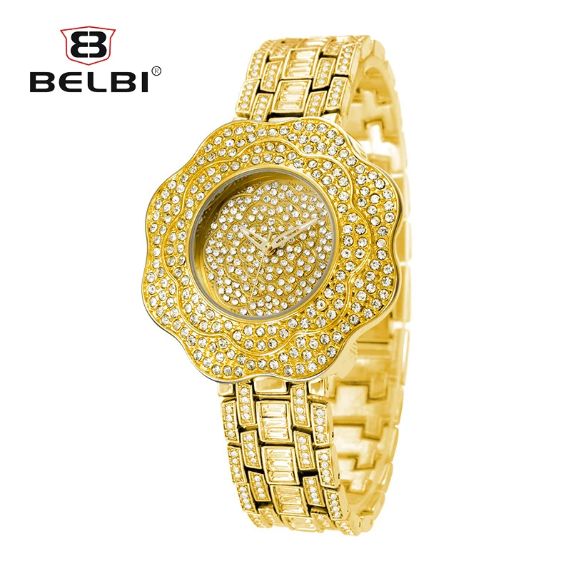 BELBI Модные женские Для женщин золотые часы 2018 Нержавеющая сталь горный хрусталь