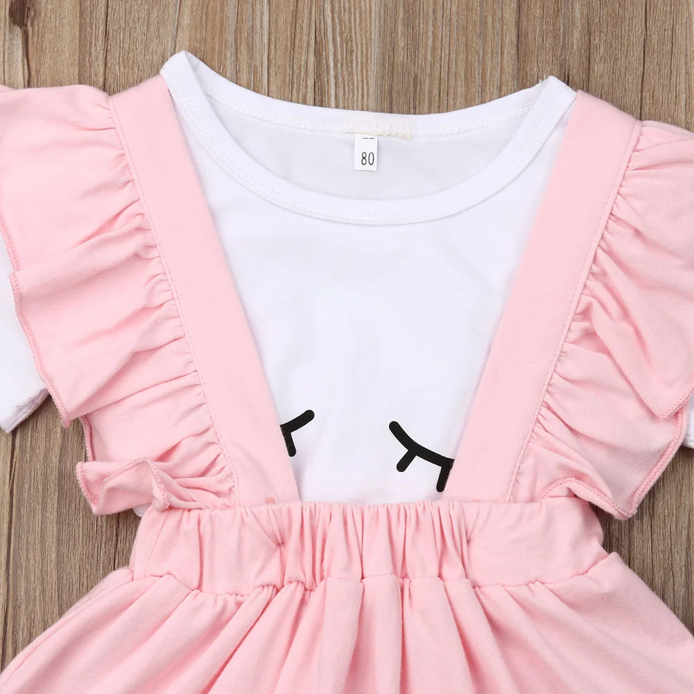 Cute Infant Baby Toddler Girl Clothes Sets Eyelash T-shirt Suspender Pink Dress Outfit |