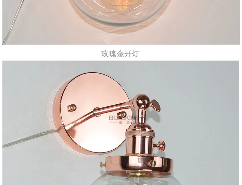 Vintage Wall Lamp Glass Wall Sconce Wall Lights Fixtures Luminaire Loft Bedside Mirror Lamp Electroplating Rose Gold Stair Light