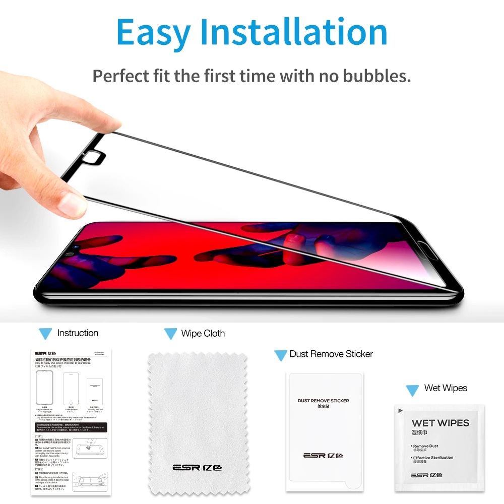 Защита экрана ESR для Huawei P20 Pro закаленное стекло 3X прочнее 9H 3D изогнутое