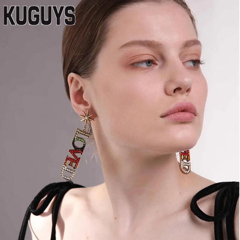 KUGUYS Ribbon Jewelry Womens HipHop Letter Long Dangle Earrings for Women Pendientes Crystals Star Drop Earring Brincos | Украшения и
