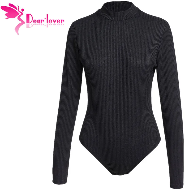 Dear Lover с длинным рукавом кнопкой Mock Neck Bodycon сексуальное боди Черный 2019