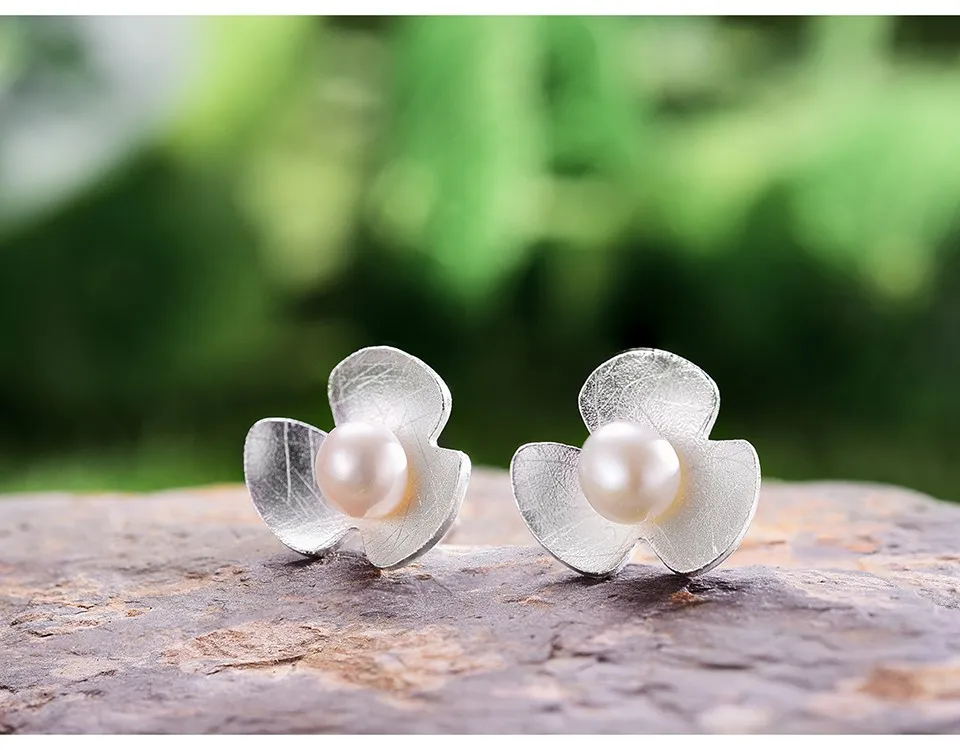 Lotus Fun реальные стерлингового серебра 925 натуральный жемчуг ручной работы Fine Jewelry Симпатичные свежий цветок клевера серьги для женщин brincos