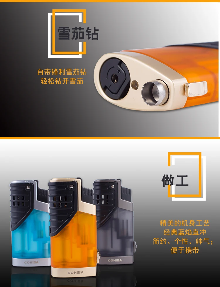 Зажигалки COHIBA, брендовые, новые, черные, для путешествий, ветрозащитные, газовые, тройные, 3 пламени, для сигарет, сигары, зажигалка, w, для сигар, удар, подарочная коробка