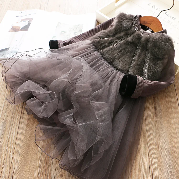 New Baby Girls Clothes Long-sleeved Faux Fur Top Tulle Dress Velvet Dress+Fur Vest One Piece Warm winter 5sets/lot | Детская одежда и