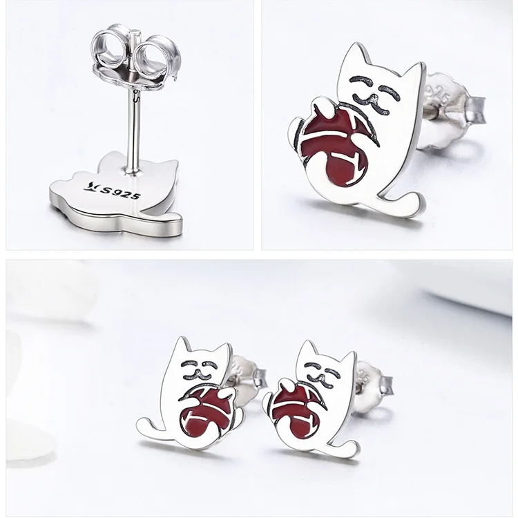 BAMOER,, 925 пробы, серебро, изысканный шарик из пряжи, кот, серьги-гвоздики для женщин, модные ювелирные изделия из стерлингового серебра SCE224
