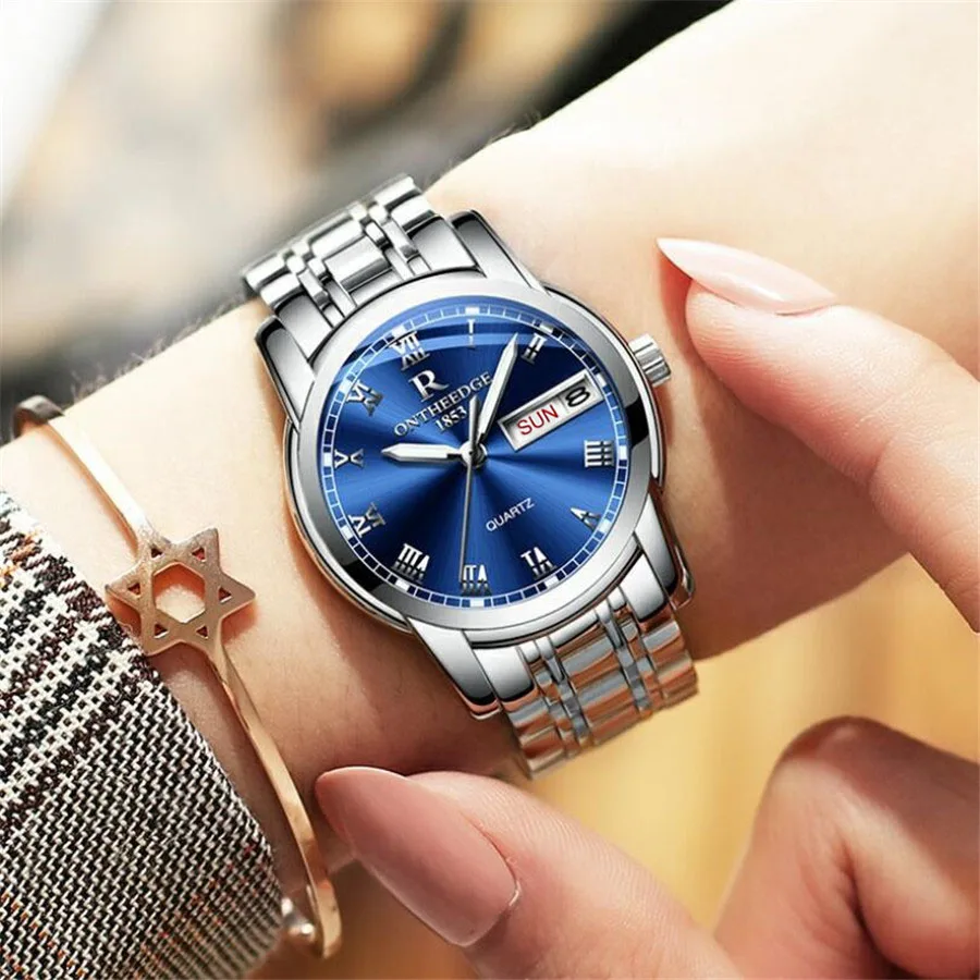 Womens silver blue Часы для мужчин и женщин, деловые водонепроницаемые часы с автоматической датой, серебристые стальные мужские часы, модные повседневные женские кварцевые наручные часы, Новинка - Цвет: Womens silver blue