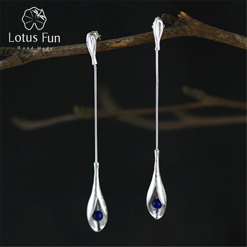 Женские длинные висячие серьги Lotus Fun винтажные элегантные из стерлингового