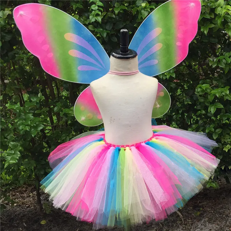SKIRT WITH WINGS Юбка-пачка с радужной феи и бабочкой для маленьких девочек; костюм на Хэллоуин с крыльями; Комплект для девочек; праздничный костюм на день рождения; детская одежда; PQ019 - Цвет: SKIRT WITH WINGS