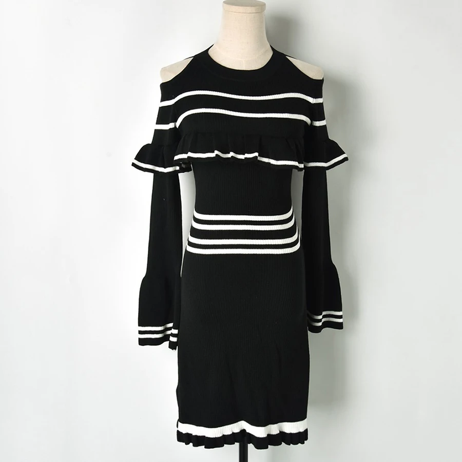2018 зима Белый Черный Полосатый женское платье с оборками открытыми плечами Fl