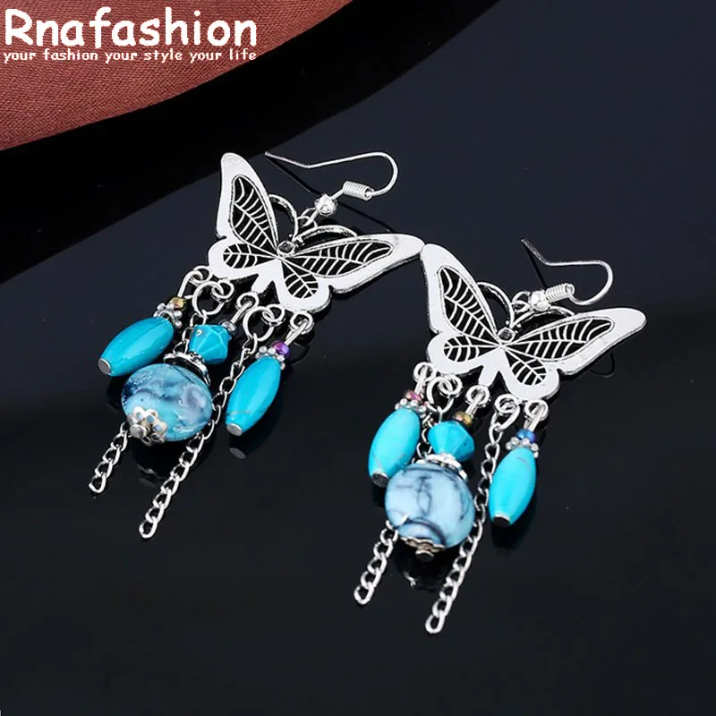 RNAFASHION богемные серьги в форме бабочки женские ювелирные изделия Длинные камень