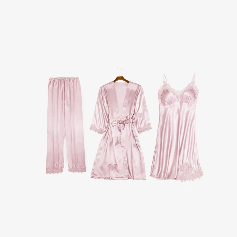 Pink 3 pcs Женские пижамные комплекты из 5 предметов, атласные шелковые полосатые пижамы из вискозы, женские сексуальные кружевные пижамы, комплекты ночного белья без рукавов - Цвет: Pink 3 pcs