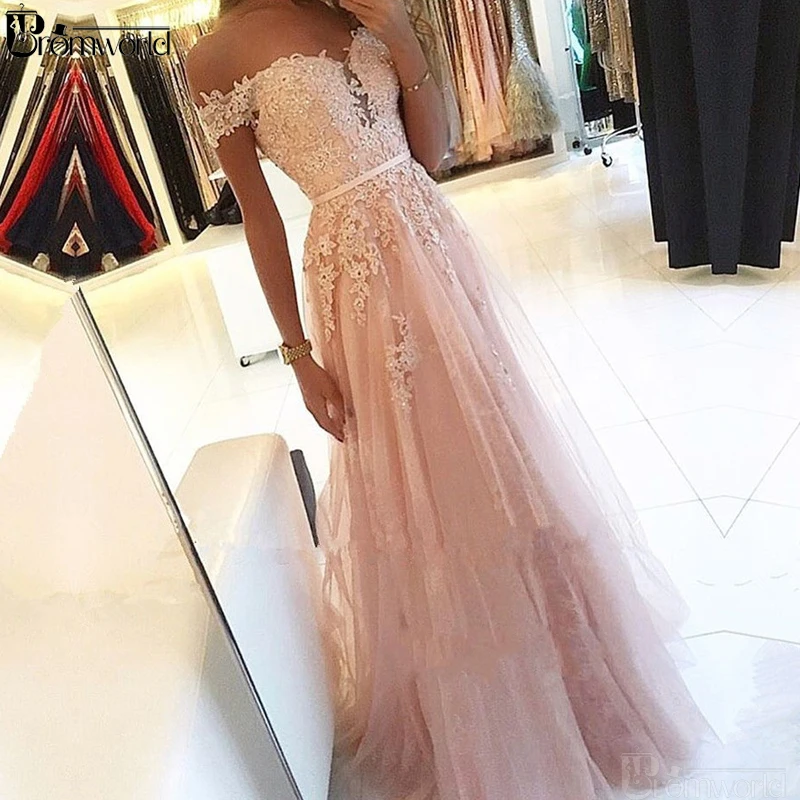 Pink 2021 Prom Dresses A-Line Off the Shoulder Sweetheart Beaded Lace Tulle Long Gown Evening Party Robe De Soiree | Свадьбы и