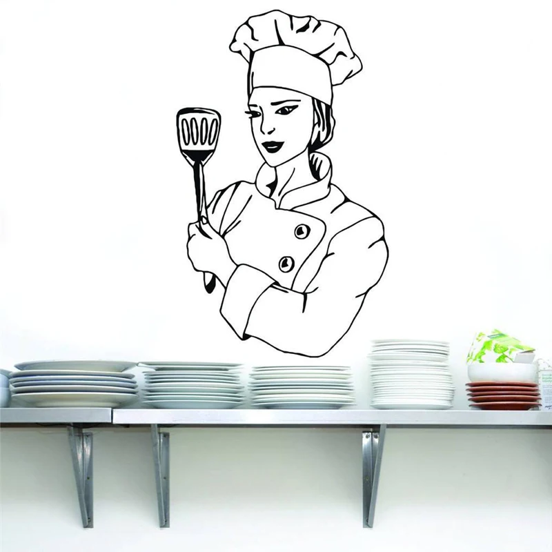 Забавные настенные стикеры Stencil для кухни женщина повар художественные