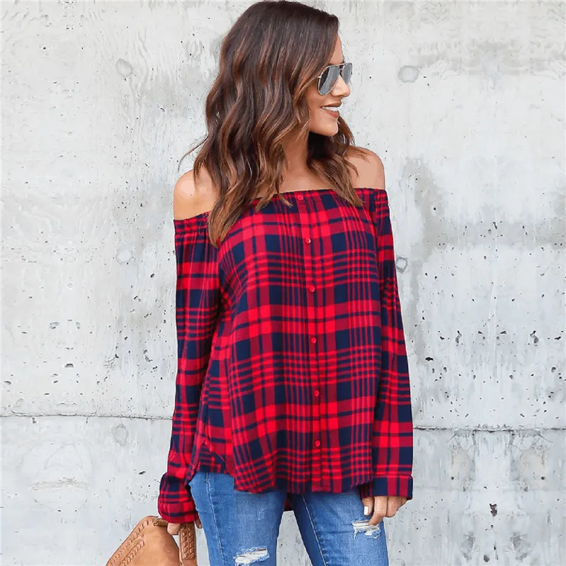 

Red Gray Fashion Sexy Slash Neck Shirts Blouses Lady Womens Casual Looses Tops Spring Autumn Long Sleeve Plaid Blusas Mujer XXL