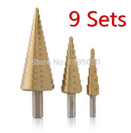 9 Sets Steel Spiral Grooved Cone Step Drill Drills Bit 4mm to 12mm 20mm 32mm Hole Cut Tool Set