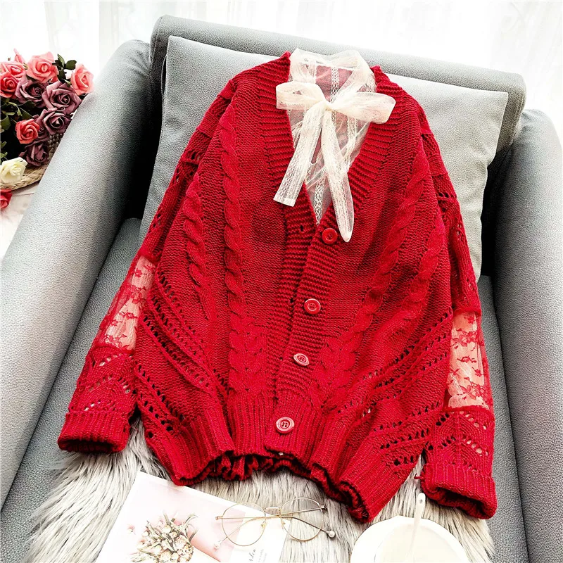 New 2019 spring hollow cardigan women's lace knitted sweater with loose foreign style and thick stick needle jacket sweaters |