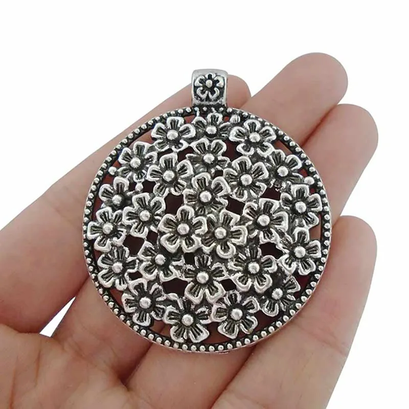 

3 x Boho Bohemia Large Round Flower Charms Pendants for Necklace Jewelry Making Findings 52x45mm