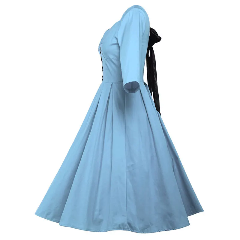 4XL размера плюс 50s рокабилли платье с бантом зеленый красный длинный рукав осенние женские повседневные Свинг платья V образным вырезом Robe Femme Vestidos