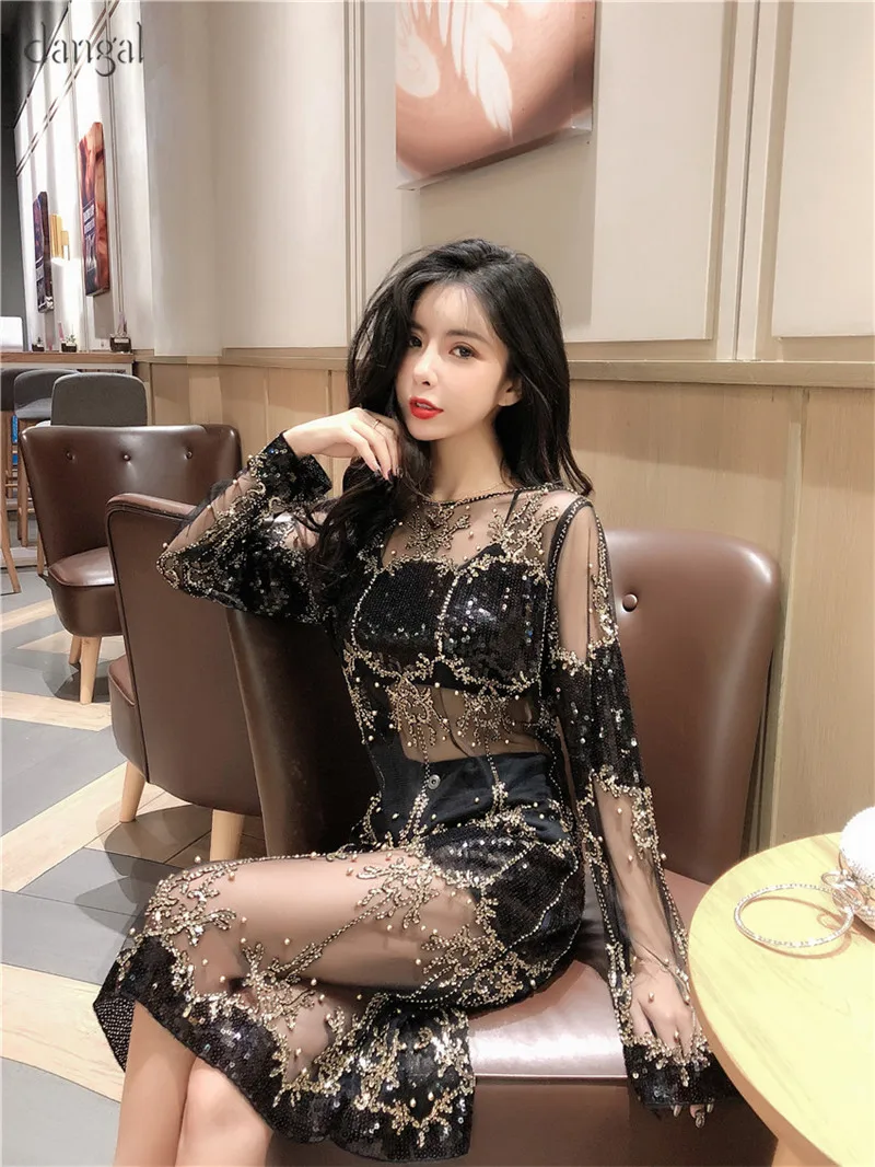 Dangal Sequin Luxury Women Dress Hip Hop Bling Heavy Beading Dress Women Dress Long Sleeve Sexy See-though Dresses For Party