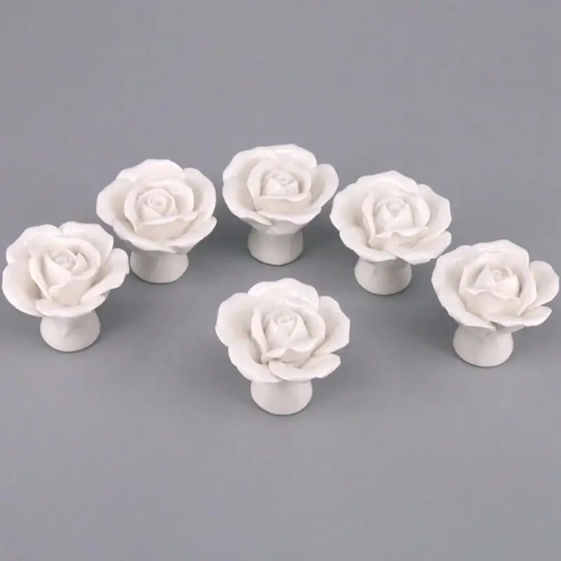 10Pcs Hand-Made Vintage Ceramic Cabinet Door Rose Flower Pull Handle Knob Drawer Pulls & Handles White Knobs Furniture Pu |