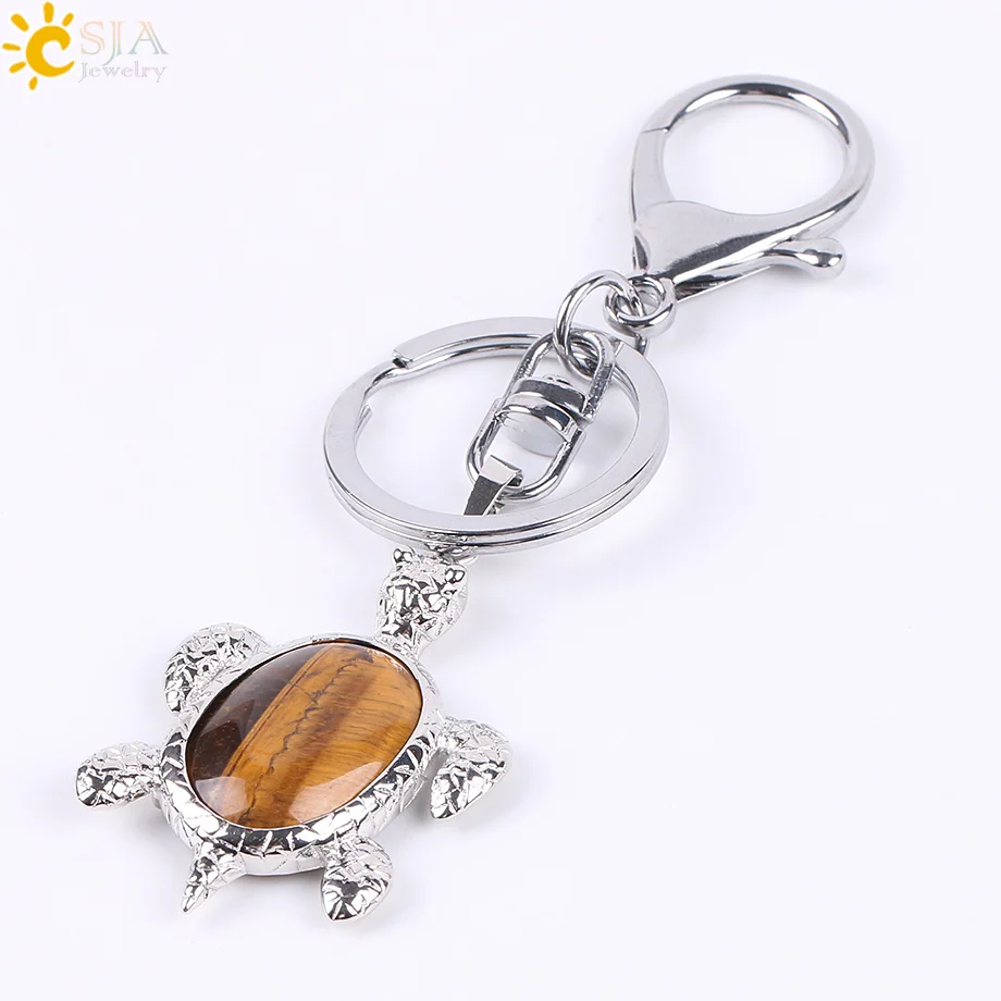 Tiger Eye CSJA натуральный кристалл камень Черепаха подвеска автомобиля Брелки для женщин мужчин сумка декоративные брелоки Пряжка держатель Рождественский подарок E814 - Цвет: Tiger Eye