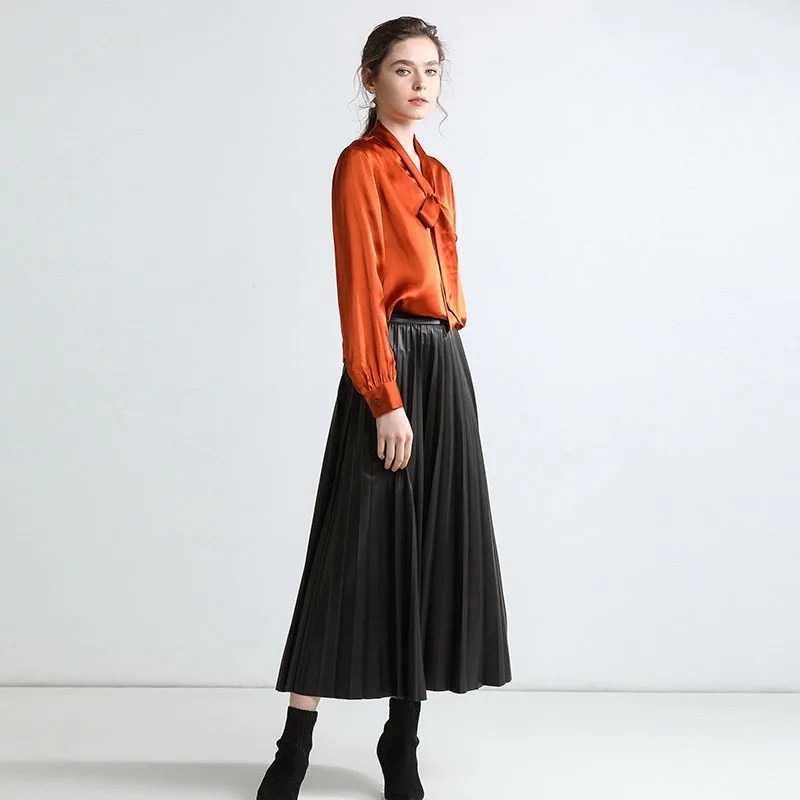2019 Spring Retro Vintage Elegant Office Work Stand Neck Bow Collar Long Sleeve Solid Real Silk Shirt Blouses Tops Q728 |