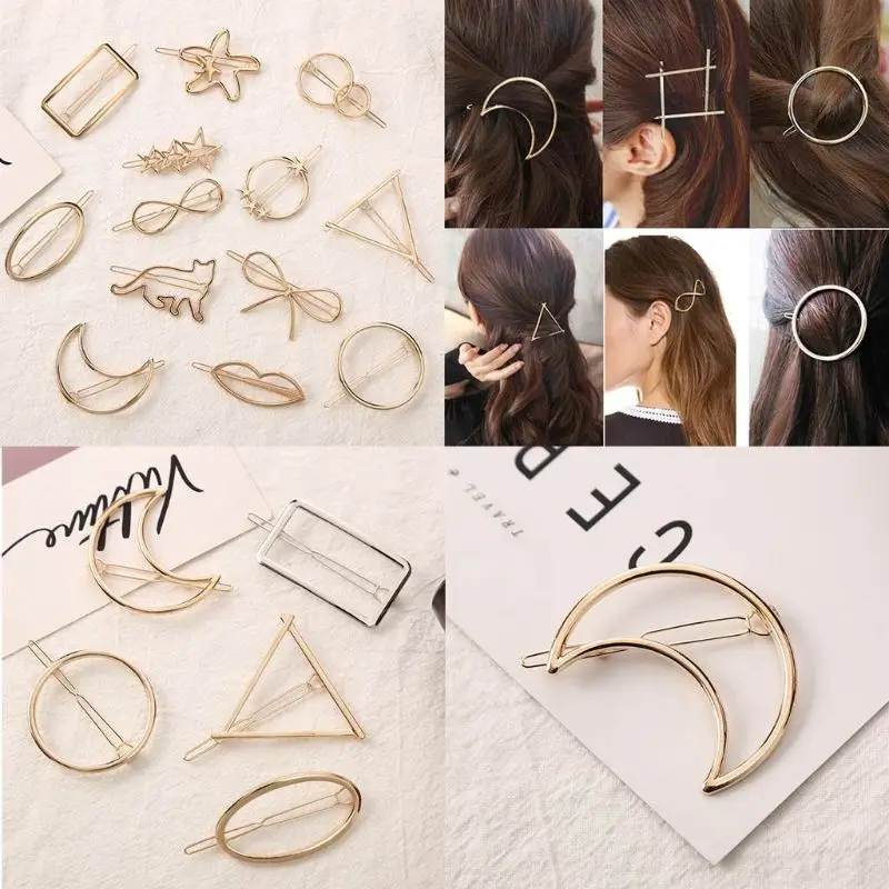 13 Styles Women Metal Alloy Minimalist Hair Clip Hollow Geometric Triangle Bowknot Lips Shape Hairpins Ponytail Holder Clamp |