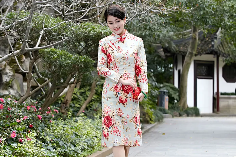 red flower Chinese women' cotton/linen long sleeves evening Dress/ Cheong-sam s-3xl | Тематическая одежда и униформа