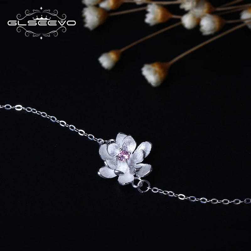 GLSEEVO 925 Sterling Silver Flower Bracelet For Woman Pink Zircon Adjustable Bijoux Argent Massif Jewelry GB0010 | Украшения и