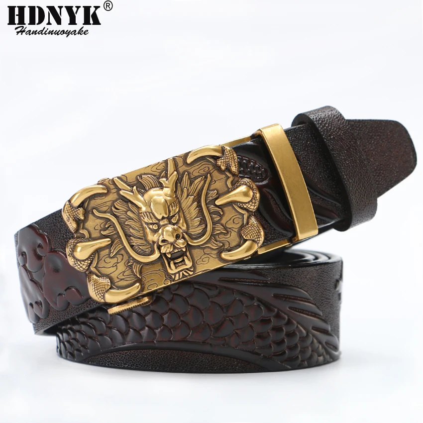 New China Dragon Designer Belt Men Cowskin Genuine Luxury Leather Men's Belts for Men Carving Dragon Pattern Automatic Buckle