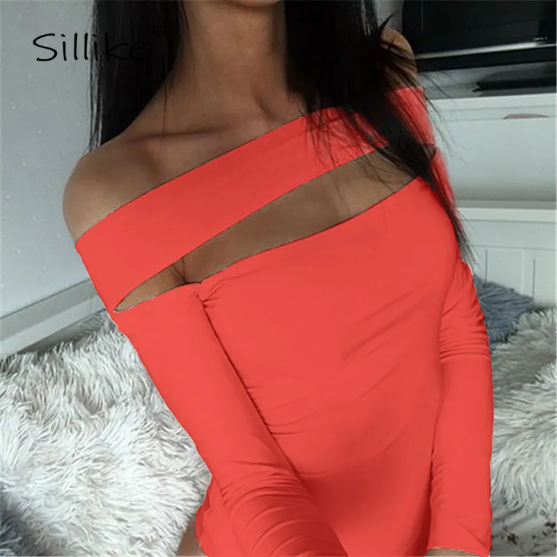SILLIKE флуоресцентный полый сексуальный боди для женщин Slash шеи длинный рукав
