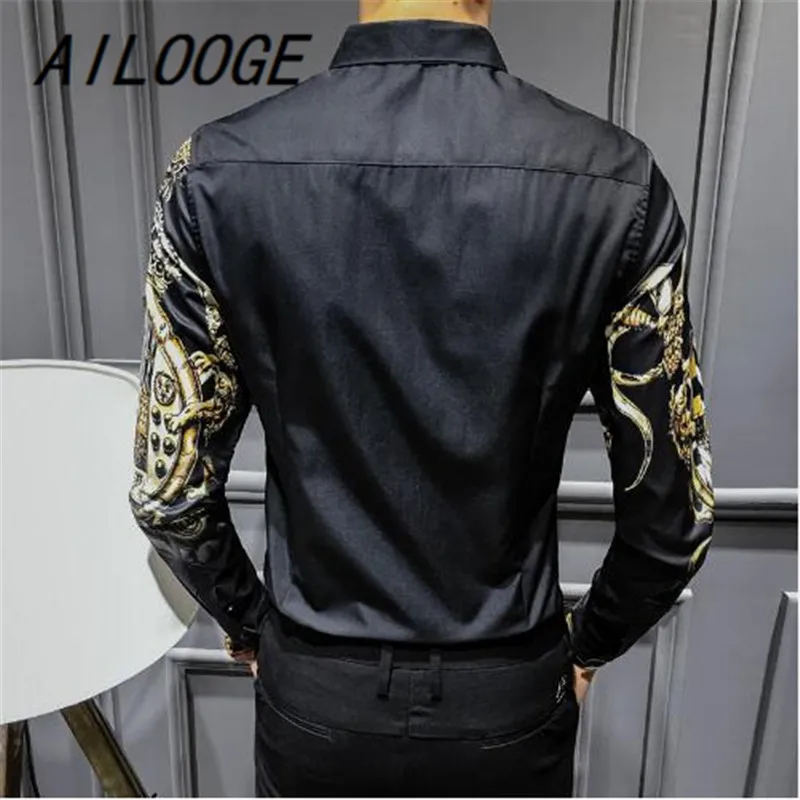 AILOOGE черного и золотого цвета с принтом рубашка 2021 Новый барокко Slim Fit вечерние