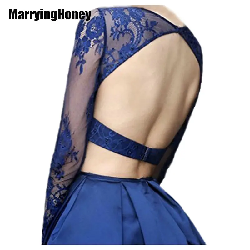 Новинка синий сексуальный укороченный топ атласные вечерние платья с длинными