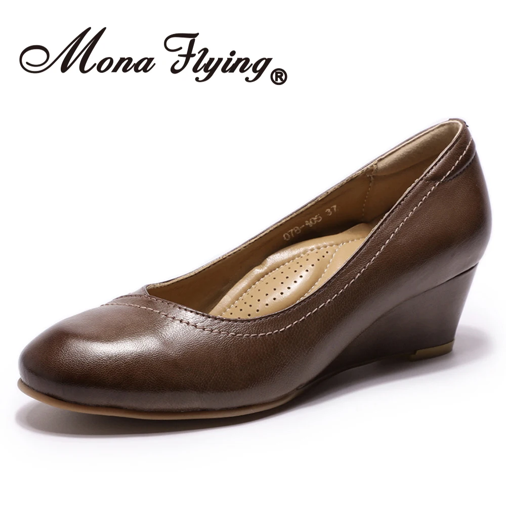 Mona Flying/женские туфли-лодочки на танкетке из натуральной кожи; модельные туфли ручной работы с круглым носком на высоком каблуке для женщин; 078-A05