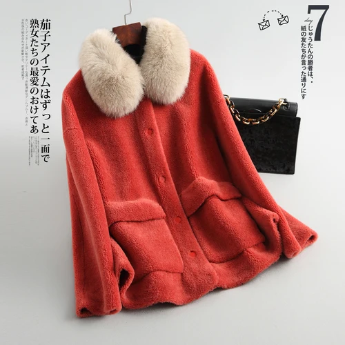 Red AYUNSUE короткая шуба из натурального меха для женщин, Воротник из лисьего меха, стрижка овец, шерстяная куртка с мехом корейского размера плюс Abrigo Mujer Y808 KJ2401 - Цвет: Red