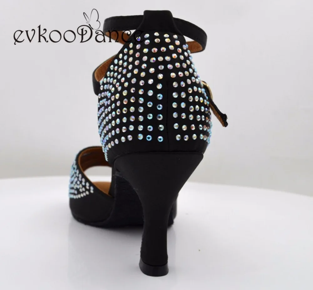 Black Satin With Diamond US 4-12 Heel Height 7 CM Professional Open Toe Latin Dance Shoes For Girls NL201 | Спорт и развлечения
