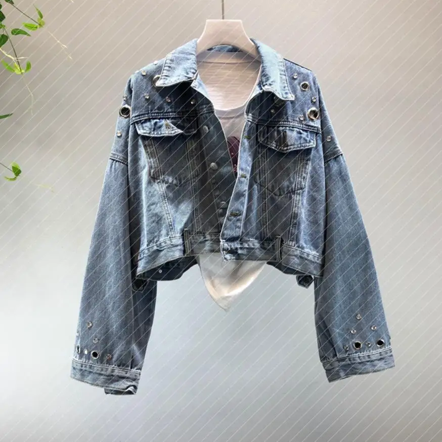 

England style single breasted diamond beading Denim jacket female hole hollow cut short denim outwear tops wq1585 dropship