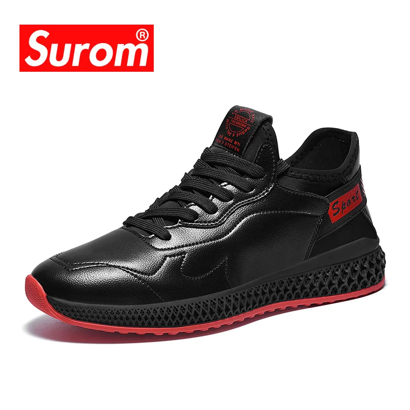Мужские кроссовки из SUROM кожи; дышащие черные модные мужские туфли на плоской подошве со шнуровкой; Повседневная Удобная прогулочная обувь; мужская обувь с высоким берцем