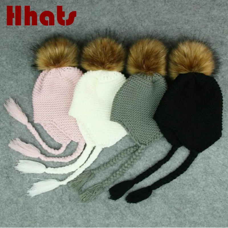 Детская зимняя шапка skullies вязаная из искусственного меха енота с мультяшным